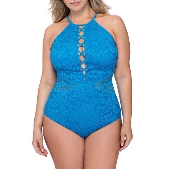 New! Profile By Gottex Plus Shalimar Lace Tummy Control One-Piece Swimsuit - Picture 1 of 6